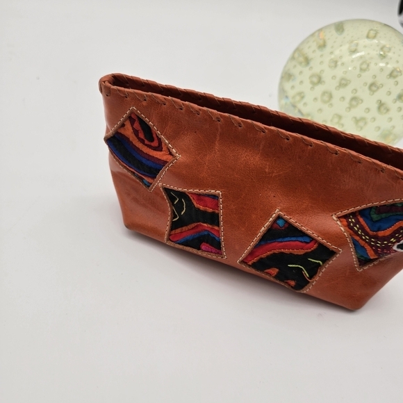 Vintage Bag Makeup Cosmetic Travel Case Pen Coin Wallet Orange Patchwork Boho - Picture 2 of 12